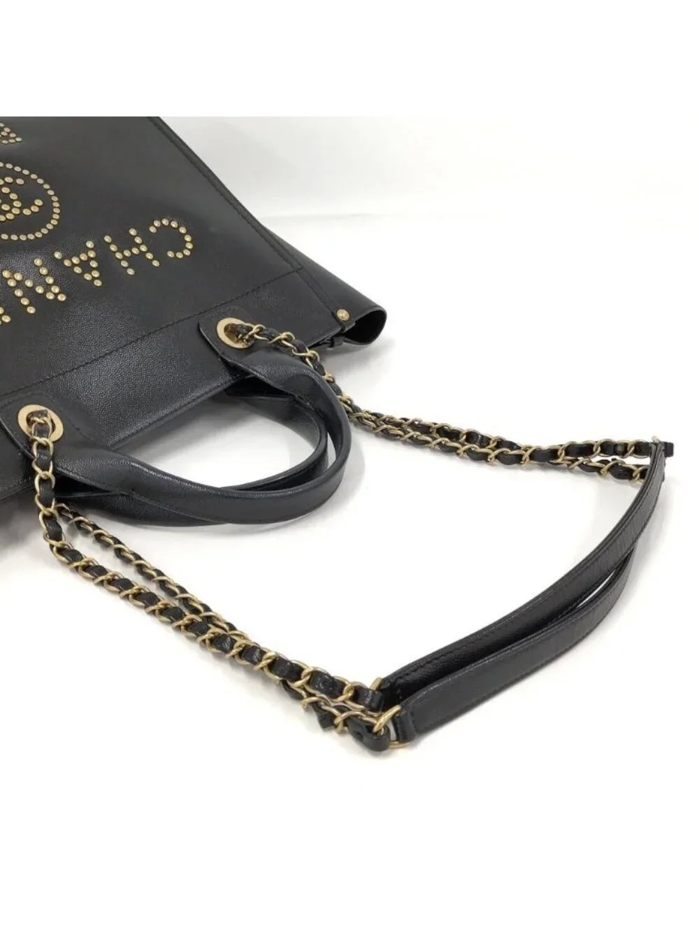 Chanel Deauville 2-Way Tote Studs Chain Shoulder Leather Black